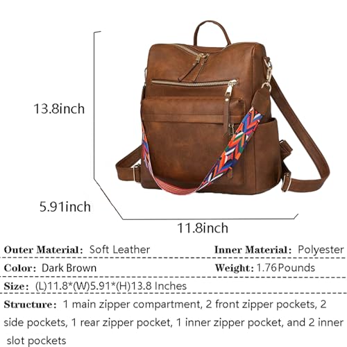 Women's Fashion Backpack Purse for Women Leather Multipurpose Design Ladies Shoulder Bag Travel bag Satchel Handbags - color: Dark Brown Purse