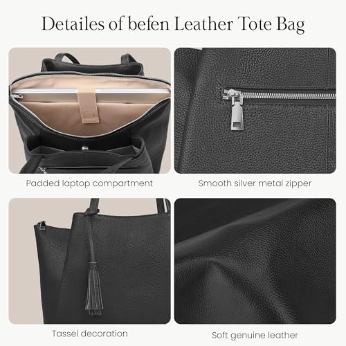 befen Genuine Leather Tote Bag for Women Work Leather Totes Purse Handbag | Real Leather, 14" Laptop Sleeve, Tassels, Multi-Pockets, Zipper - color: Black