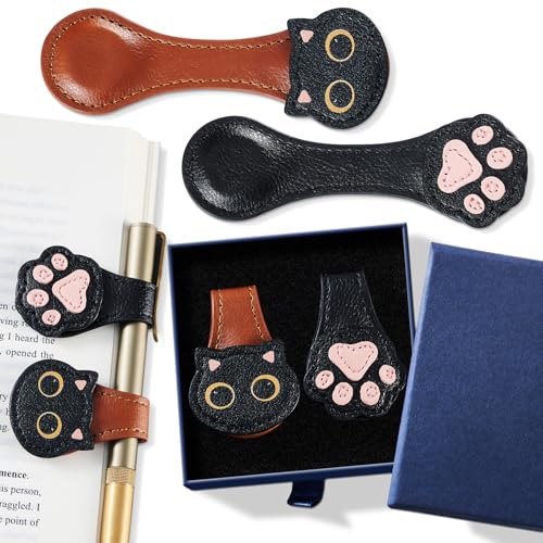 Ovesmusl 2Pcs PU Leather Cat+Paw Magnetic Bookmarks with Pen Holder | Brown and black set with double-sided magnets, gift box included, for books, notebooks, magazines, readers and teachers - style: Cat+Paw (Brown+Black)