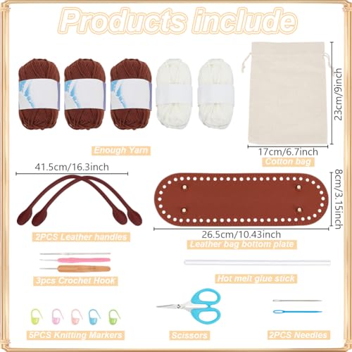 ORIGACH DIY Crochet Handbag Kit for Beginners, Dark Brown Striped Tote Bag with PU Leather Band and Base, Complete Crochet Set to Make a Bag, Include Yarn, Hooks, Markers and Instruction - color: Dark Brown
