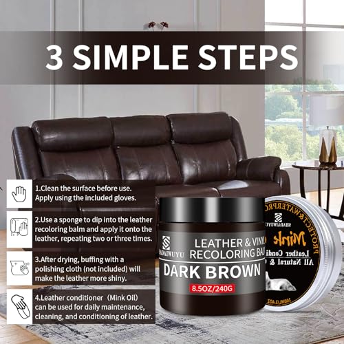 SHADAIWUYU 8.5oz Leather Recoloring Balm with 100ml Mink Oil,Dark Brown Leather Repair kit for Furniture and Car Interior,Leather Couch Scratch Repair,Leather Dye Paint,Mink Oil for Leather - color: Dark Brown, size: Leather Recoloring Balm+Mink Oil