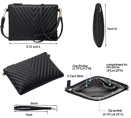 B BRENTANO Chevron Embroidered Crossbody Clutch Bag Pouch with Removable Wristlet & Adjustable Shoulder Strap - color: Black