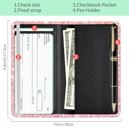Checkbook Cover for Personal Checkbook, Cute Pu Leather Check Book for Women & Men, Slim Checkbook Holder with Pen Holder and Built-in Clear Plastic Divider, Pink Glitter - color: Pink Glitter