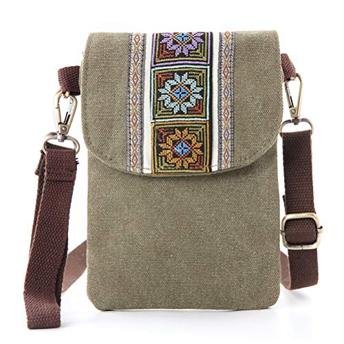 SILKAREA Vintage Embroidered Canvas Flip Small Crossbody Bag Cell Phone Pouch for Women Wristlet Wallet Bag Coin Purse - color: Army Green