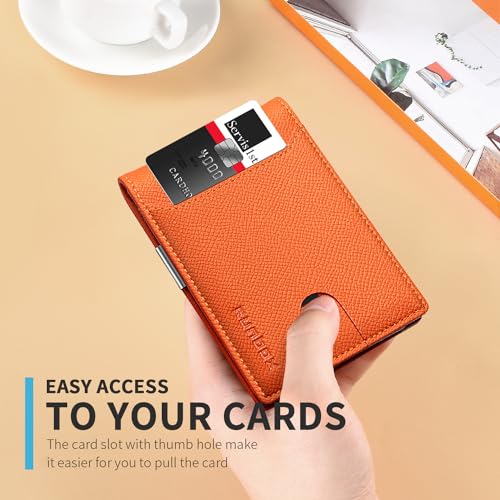 RUNBOX Slim Wallet for Men - RFID Blocking Leather Bifold with Money Clip | Minimalist Front Pocket Wallet Holds 11 Cards,Slim Thin Design,RFID Blocking Protection, Practical Birthday Gifts for Men - color: palm grain orange