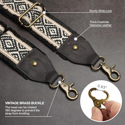 Nefelibata Purse Strap-2"Crazy Horse Leather Bag Strap Adjustable Replacement,Retro Jacquard Embroidery Crossbody Straps - color: Ethnic Diamond Grid