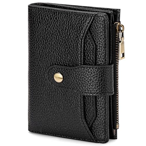 GAEKEAO Small Wallets Woman RFID Blocking Leather Bifold Card Holder Wallets with Zipper Pocket Removable ID Window - color: D04-Black