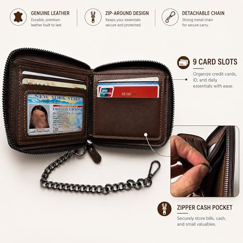 Men Leather Wallet With Zipper Chain Attached, Card Holder + Coin Pocket | Coffee Brown Mens Front Pocket With 11.8" Anti-Theft Chain, 9 Card Slots, 2 Clear ID Window, Coin Pocket and Gift Box Pack - size: Chain Wallet