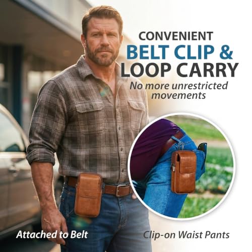 Genuine Leather Phone Holster for Belt Men, Belt Clip Wallet Case Fit for iPhone 16/15/14/13/12 Pro Max, Samsung Galaxy S25 Ultra Belt Pouch, Travel Crossbody Cell Phone Purse Belt Bag (Brown) - color: Brown