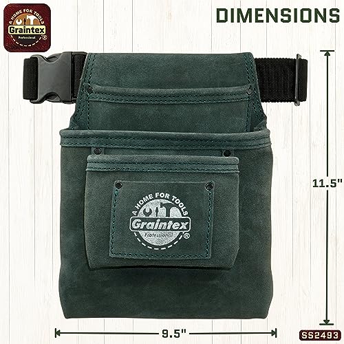 Graintex SS2493 :: 3 Pocket Nail & Tool Pouch Hunter Green Color Suede Leather with 2” Webbing Belt for Constructors, Electricians, Plumbers, Handymen