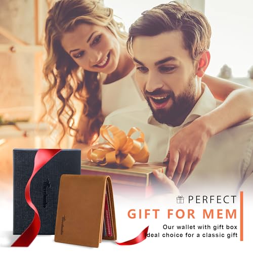 Travelambo Genuine Leather Wallet for Men with Gift Box - Handmade Bifold Stylish - Mens Wallets Rfid Blocking with 2 ID Windows - color: Craze Horse Khaki
