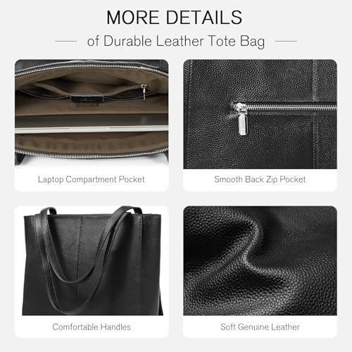 Genuine Leather Tote Bag for Women, Large Womens Shoulder Purses Work | Soft genuine cowhide leather, Large capacity fits 14" laptop compartment, Leather top handles with smooth zipper - color: Black