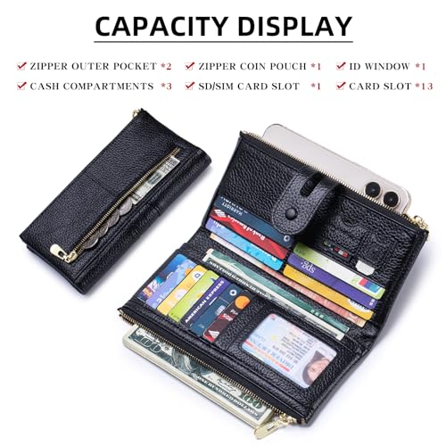 Large Capacity Wallets for Women Soft Leather RFID Blocking Long Wallet Ladies Bifold Clutch Purse Credit Card Holder with Double Zipper Pocket ID Window,Black - color: Black