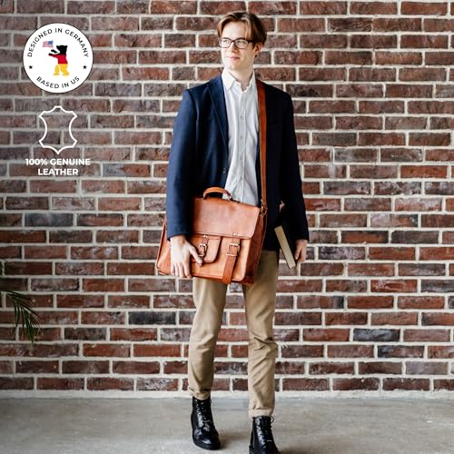 BERLINER BAGS Genuine Leather Messenger Bag For Men Berlin XL- Brown | Briefcase For Travel & Work, Adjustable Strap, 15.6" Laptop Slot, Trolley Sleeve, Phone Pocket, Pen Loops, Key Carabiner - color: Brown XL