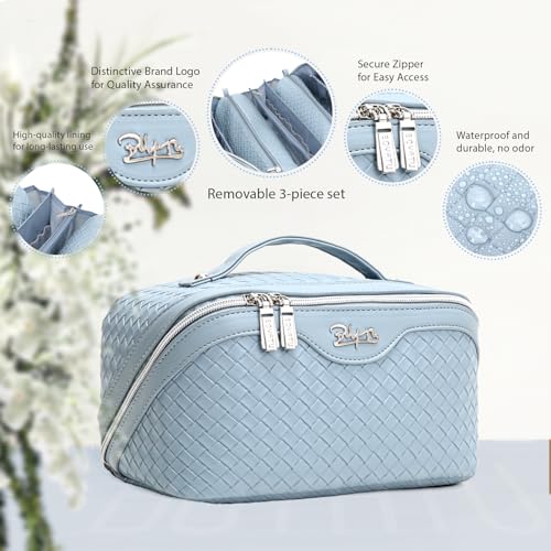 BOYATU Travel Makeup Bag Cosmetic Bags for Women: 3 Pcs Set Make up Bag | Large Capacity Waterproof Vegan Leather Organizer Bags with Compartments - Lay flat Toiletry with Handle (L04 Light Blue) - color: L04 Light Blue