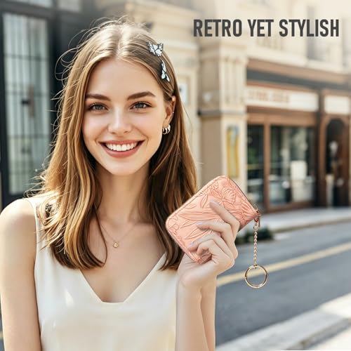 credit card holder for women，Embossed leather Rfid wallet women， KeyChain Wallet - color: Pink