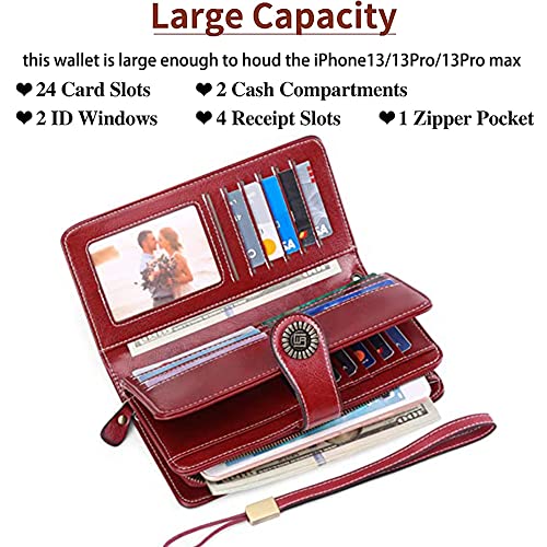 Women Leather Wallet Crossbody Shoulder Bag with Double Zipper and Mobile Phone Purse with Shoulder Strap - color: 660-red