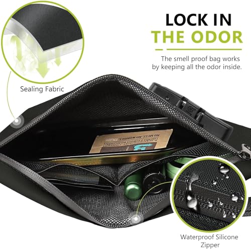OZCHIN Smell Proof Bag with Combination Lock 10'' X 7'' Locking Bag PU Leather Waterproof Lockable Case Great Gifts Ideal - color: Black
