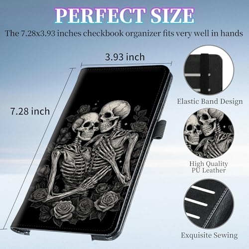 Checkbook Cover for Duplicate Checks,Slim Durable RFID Blocking Checkbook Credit Card Holder for Personal and Business Checks-Loving Skeleton - color: Loving Skeleton