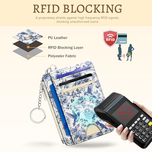 Kelvoris Credit Card Holder Small Wallet Women, Slim RFID, HummingBird | Keychain, Zipper Coin Pocket, Front Pocket Thin Travel Card Case, Minimalist, 6 Card Slots, 1 ID Window, Ladies Gifts Woman - color: Bird