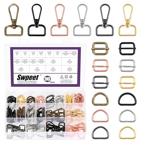 Swpeet Metal D Ring & Rectangle Adjuster Triglides Slides Buckle & D Ring Lobster Clasp Kit, Semi-Circular D Rings Roller Pin Buckles Swivel Snap Hook - style: 2CM