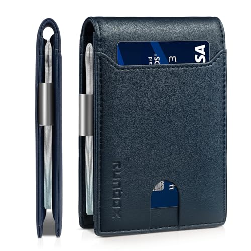 RUNBOX Slim Wallet for Men - RFID Blocking Leather Bifold with Money Clip | Minimalist Front Pocket Wallet Holds 11 Cards,Slim Thin Design,RFID Blocking Protection, Practical Birthday Gifts for Men - color: Natural texture-Tibetan Blue