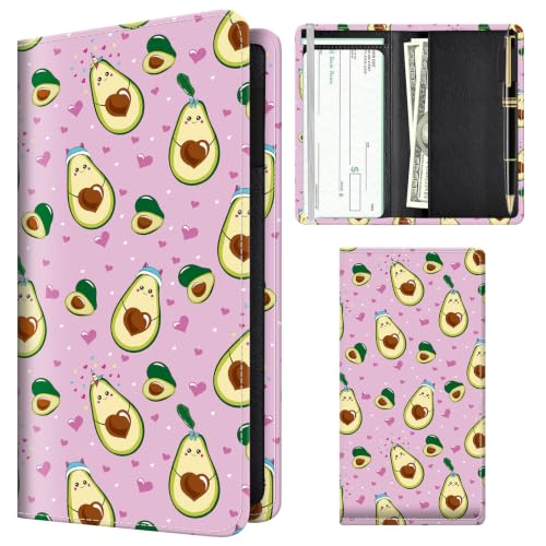 Checkbook Cover for Personal Checkbook, Cute Pu Leather Check Book for Women & Men, Slim Checkbook Holder with Pen Holder and Built-in Clear Plastic Divider, Cute Avocado - color: Cute Avocado