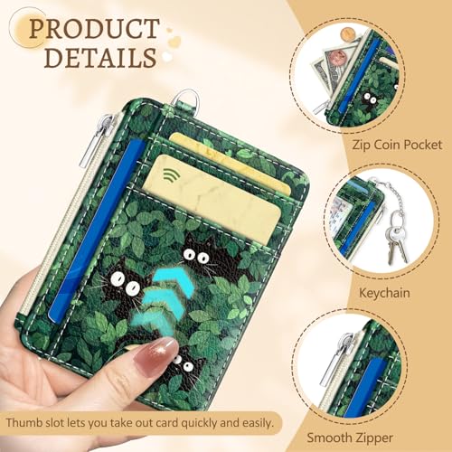 Kelvoris Credit Card Holder Small Wallet Women, Slim RFID, Black Cat Leave | Keychain, Zipper Coin Pocket, Front Pocket Thin Travel Card Case, Minimalist, 6 Card Slots, 1 ID Window, Ladies Gifts Woman - color: Cat