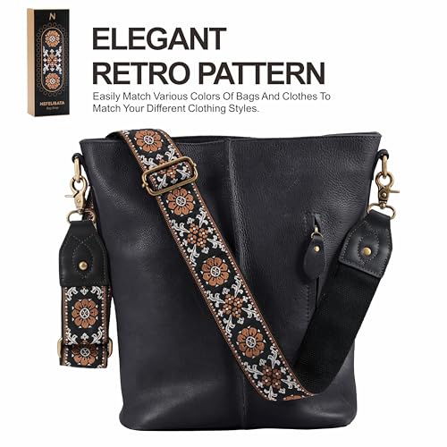 Nefelibata Purse Strap-2" Crazy Horse Leather Wide Shoulder Strap Adjustable Replacement,Retro knit Embroidery Multi-pattern Crossbody Bag Straps for Handbag,Crossbody Bags(Black Leather Embroidery) - color: Black Leather Embroidery