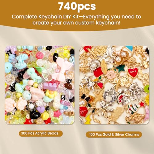 Aucscott DIY Keychain Making Kit with Charms for Girls, Aesthetic Personalized Lip Gloss Bracelet Bag Charms Personalized Cute Keychains Craft Kit Gift for Teens, Besties, Friends & Birthday - color: Multicolor - 740Pcs Kit
