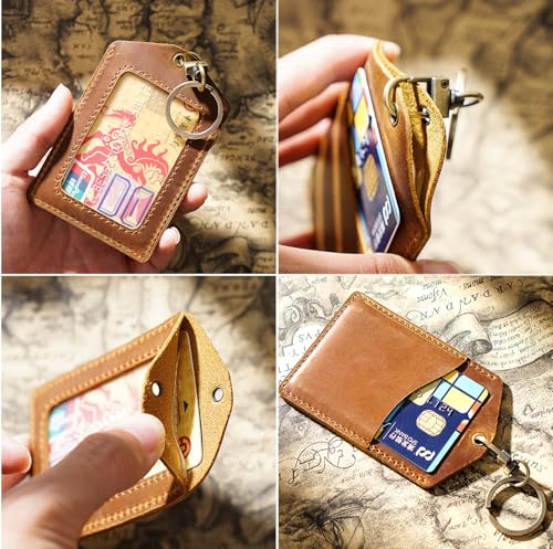 Genuine Real Leather ID Badge Holder with Lanyard & Retractable Reel, Top Grain Leather Vertical ID Holder & Lanyard, Gold Metal Keyring (Black) - color: 12 Id Holder & Lanyard - Black