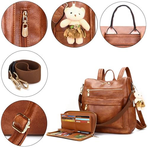 Soperwillton Women Backpack Purse Shoulder Handbags Travel Bag Set 2pcs | Soft PU Leather,Large Capacity,Many Pockets,with a Functional Wallet,with a Detachable Shoulder Strap,Multipurpose Design - color: Z-brown