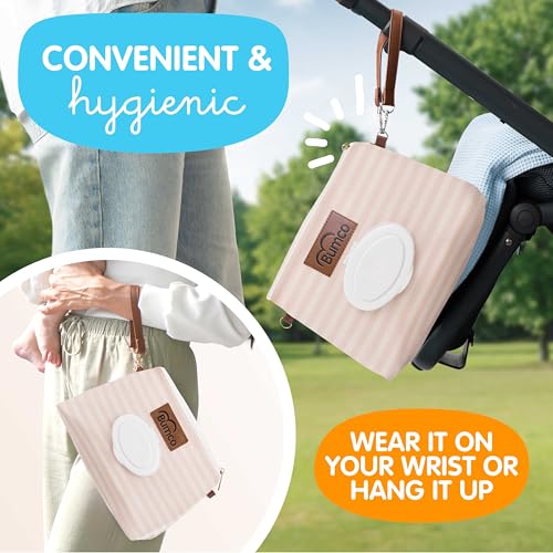 Bumco Portable Diaper Clutch Bag with Built-In Baby Wipes Dispenser | Airtight refillable wet wipes dispenser container. Portable travel pouch holder for quick baby cleanups on the go. - color: Beige