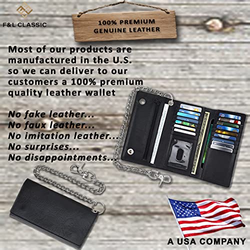 F&L CLASSIC RFID Blocking Mens Tri-fold Long Style Cowhide Leather Steel Chain Wallet,Black - color: Black