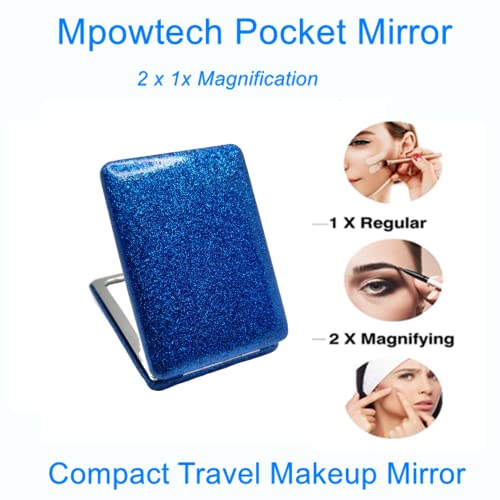 Square Blue Compact Mirror for Women,Small Magnifying Travel Mirror with Glitter,Portable 2 x 1x Magnification Folding Pocket Makeup Mirror Cosmetic Mirror for Gift,Travel Essentials - color: Blue-square