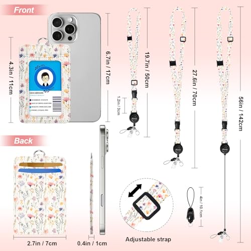Cute Flowers Lanyard for ID Badge Card, Floral Printed Breakaway Neck Lanyards with Retractable Badge Reels Quick-Release Buckles & Adjustable Straps with Leather Card Badge Holders for Women Teacher - color: Cute Flowers White
