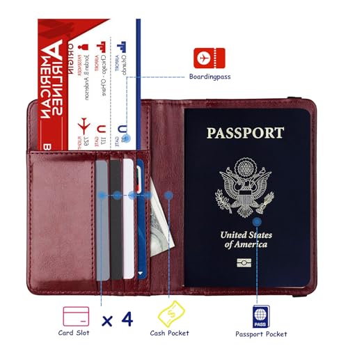 TOURSUIT RFID Blocking Passport Holder, Leather Travel Wallet, Rose Red - color: Rose Red