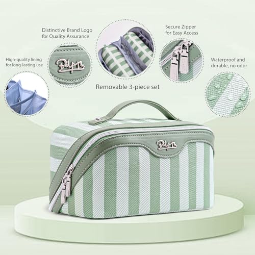 BOYATU Travel Makeup Bag for Women: 3 Pcs Set Striped Make up Bag,Green | Vegan Leather Cosmetic Bags with Compartments - Waterproof Large Capacity Toiletry Bags - 180° Open-Flat Makeup Organizer - color: A-2-Green