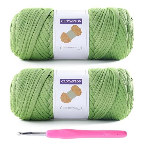 2 Pack T Shirt Yarn for Crocheting with 1 Crochet Hook, Elastic Tshirt Yarn for Crochet Bag/Baskets/Home Decor, Spaghetti Yarn Thick Knitting Yarn Total Length 130 Yds (Autumn Fragrant Green) - color: Autumn Fragrant Green