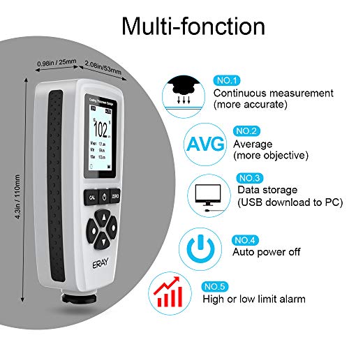 ERAY Mil Thickness Gauge, Coating Thickness Gauges with Backlight LCD Display | Paint Depth Gauge Meter for Car Automotive, Limit Alarm/Data Storage/Export Data/PC Software Analysis (Grey) - color: Grey