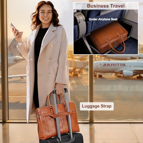 Banuce Italian Full Grain Leather Briefcase for Women Fits 15.6" Laptop - color: Yellow Brown