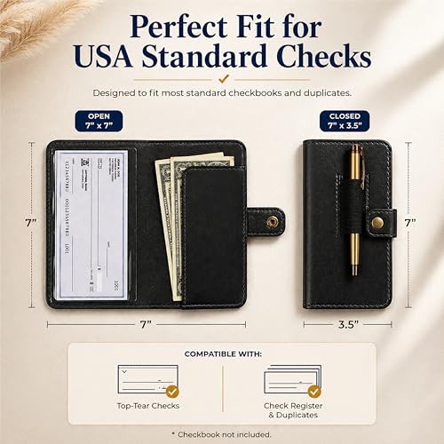 Genuine Black Leather Checkbook Cover - Handmade Check Holder with Divider & ID Window, Slim Organizer Wallet for Business, Travel & Everyday Use 3.5 x 7 - color: Black Leather Checkbook Cover