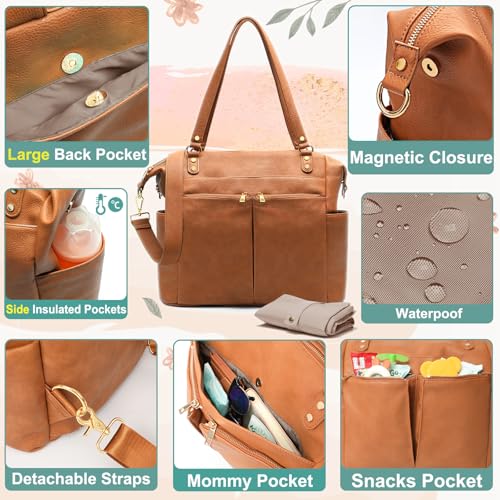 MOMINSIDE Diaper Bag Tote Convertible Diaper Bag Backpack Tote Leather | 4 in 1 Baby Bag Hospital bag 13 Pockets Travel Diaper Tote Pañaleras Para Bebe with Changing Pad for Mom & Dad(Brown) - color: Brown