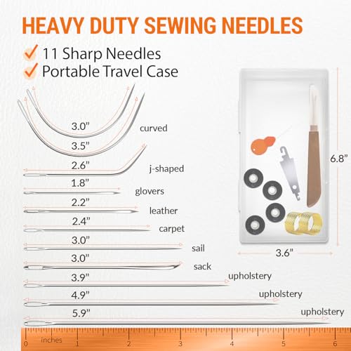 VONEEDL Heavy Duty Sewing Needles (11 PCS) & Waxed Thread (Black Color - 4 Rolls) - Upholstery Repair Kit for Leather, Canvas, Quilting & More - size: 11 Needles + 4 Black Thread Rolls