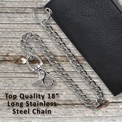 F&L CLASSIC RFID Blocking Mens Tri-fold Long Style Cowhide Leather Steel Chain Wallet,Black - color: Black