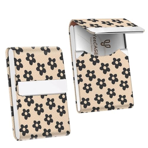 2Pack Leather Stainless Steel Business Card Holder, Metal Slim Business Card Case for Women or Men, Pocket Business Card Carrier with Prints, Magnetic Closure, RFID Blocking - color: Petals-Black