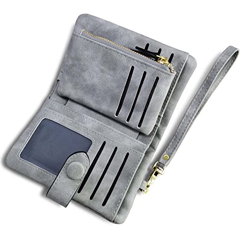 AOXONEL Women's Small Bifold Leather wallet Rfid blocking Ladies Wristlet with Card holder id window Coin Purse - color: Grey