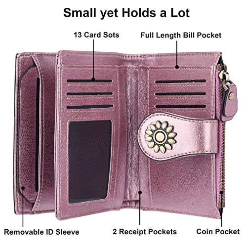 Womens Leather Wallet Small Compact RFID Blocking Credit Card Case Purse with Zipper Pocket | Small - color: Rose Gold