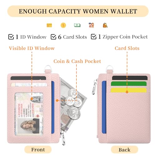 Hancynir Minimalist Slim Wallet Women Credit Card Holder, RFID Small Cute | Zipper Pocket Wallet, Thin Travel Coin Purse, Ladies Women Gifts, Key Chain Card Case, 6 Card Slots, ID Window, PU Leather - color: 01-Lichee PNK
