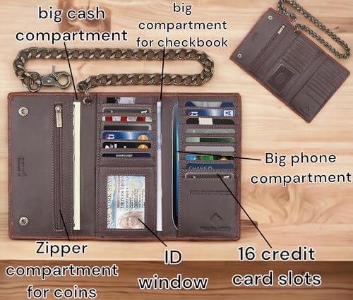 F&L CLASSIC RFID Blocking Mens Tri-fold Long Style buffalo crazy horse Leather Steel Chain Wallet,ostrich print brown,212-51 - color: ostrich print brown